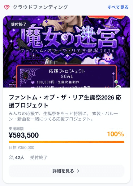 ポイップのホームに表示された、CaramYellの応援プロジェクト。支援総額593,500円、目標350,000円、達成100%、支援者42人